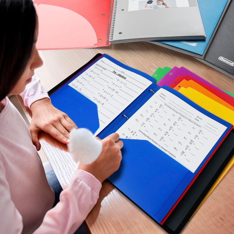 Dunwell Plastic 2-Pocket Folders for 3-Ring Binders, (6 Pack, Assorted Colors) 3 Hole Punched, Divider Folder for Notebook, Durable Poly, Fits 8.5x11 Sheets, Includes Labels - Image 2